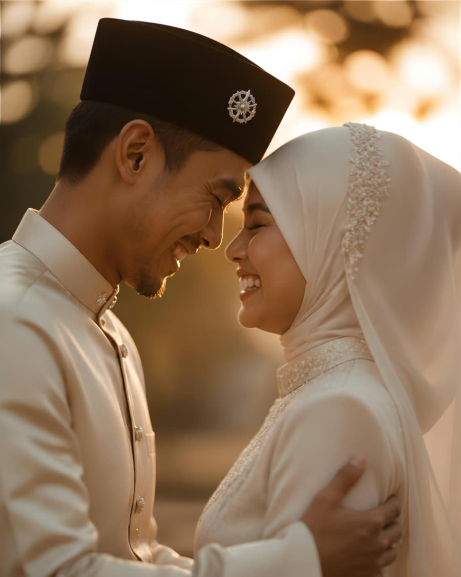 Sepasang pengantin baharu berbusana perkahwinan Melayu tradisional, dahi bersentuhan, ketawa bersama